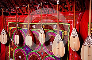 Dombra instrument in Kazakh yurt interior