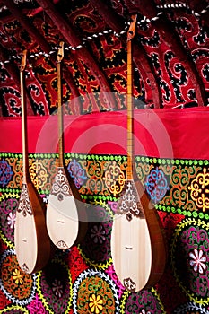 Dombra instrument in Kazakh yurt interior