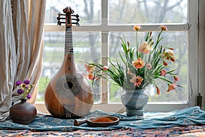 Dombra string musical instrument, mandolin, lute and flowers on the windowsill. Nauryz celebration in Almaty, Kazakhstan