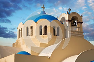 Dome and bell tower details of the main church in Emporio, Santorini