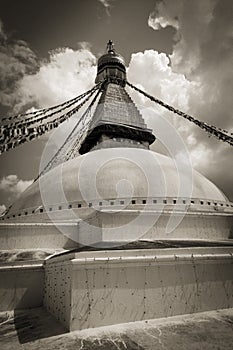 The dome of the Boudhanath Stupa, with prayer flags, Kathmandu, Nepal
