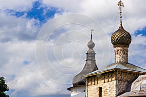 The dome of the cathedral and the dome of the watchtower in the Rostov Kremlin.
