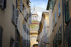 The dome and cupola of Sainte Reparate or Nice Cathedral on Place Rossetti in the old town Vieux City in Nic