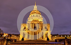 The Dome des Invalides at night, Napoleon`s tomb, Paris, France.