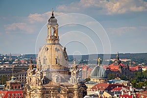 The dome of the Dresden Frauenkirche, landmark of the city of Dresden, Saxony, Germany, view from the castle church