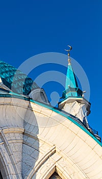 Dome and minaret of Qol Sharif Mosque. Kazan kremlin. Architectural fragment.