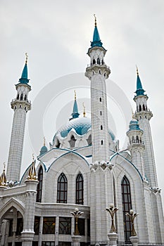Dome and minarets of Mosque Kul Sharif in Kazan on photo