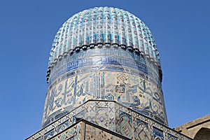 The dome of the mosque of the Bibi-khanum madrasah 1404 close-up. Samarkand, Uzbekistan