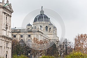 Dome of Museum of Fine Arts Kunsthistorisches Museum in a rainy day in Vienna, Austria