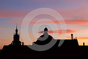 Dome outline silhouette on dramatic sunset orange and purple sky scenic background view, religion theme picture concept