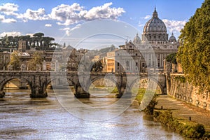 Dome and river in Rome, Italy. Travel. Postcard