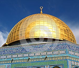 Golden dome and tiled detail on the Dome of the Rock Jerusalem  Israel photo