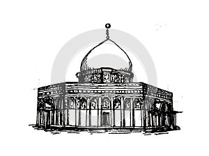 the Dome of the Rock of Jerusalem facade vector hand drawn black and white illustration