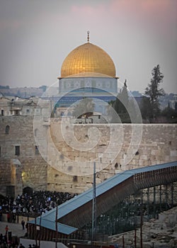 Dome of the rock and wall of lamentations in Jerusalem