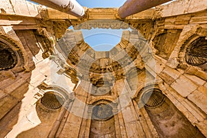 Dome roof cover over a circular niche in the Great court porticoes in Baalbek temple complex, Lebanon