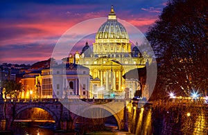 Dome Saint Peters Basilica Vatican City. View at Old bridge evening sunset