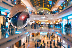 Security camera with red light in a busy shopping mall interior