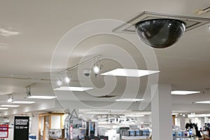 Dome security camera on top of ceiling