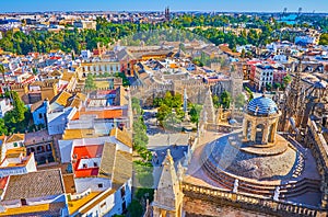 The dome of Seville Cathedral and fortress of Alcazar, Spain