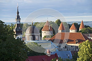 The dome and spire of the Church of Transfiguration of Christ and the medieval towers. Old Tallinn