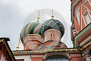 Dome of St. Basil`s Cathedral on Red Square in Moscow Russia. Close-up photography