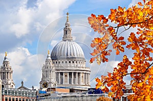 Dome of St. Paul`s cathedral in autumn, London, UK