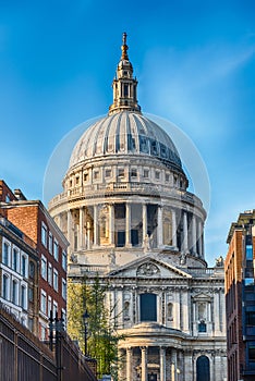 Dome of St Paul`s Cathedral, iconic anglican church in London, UK