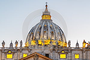 Dome of St Peters Basilica in Vatican City, Rome, Italy. Illuminated by night