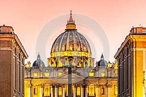 Dome of St Peters Basilica in Vatican City, Rome, Italy. Illuminated by night