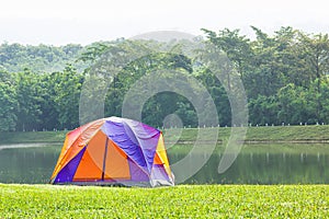 Dome tent camping at lake side