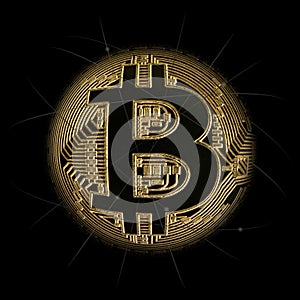 Domed bitcoin symbol on black background