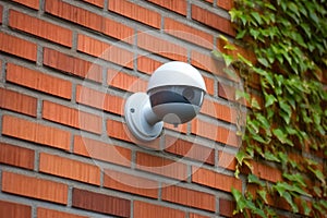 a domed outdoor security camera mounted on a brick wall
