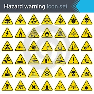 Hazard warning signs. Set of signs warning about danger. 42 high quality hazard symbols and elements. Danger icons. Vector illustr photo