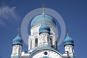 The domes of the ancient Pokrovsky Cathedral close-up. Gatchina. Russia