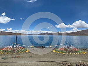 Domes on the beach with Buddhist Tibetan prayer flags