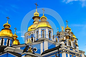 Domes of the beautiful blue Svyato Mikhailovsky Golden male monastery, The oldest Christian cathedral of Ukraine