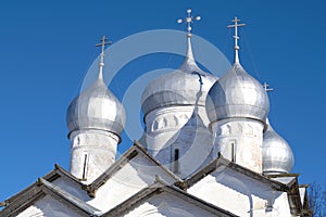 Domes of the Church of Boris and Gleb in Plotniki 1536. Veliky Novgorod