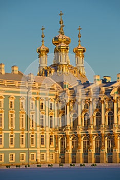 Domes of Church of the Resurrection of Catherine Palace in February twilight close up. Tsarskoye Selo, Russia