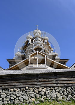 Domes and crosses of medieval wooden Church of the Transfiguration of the Lord built in 1714 on Kizhi Island on Onega Lake