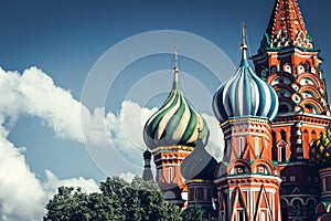Domes of the famous Head of St. Basil`s Cathedral on Red square, Moscow