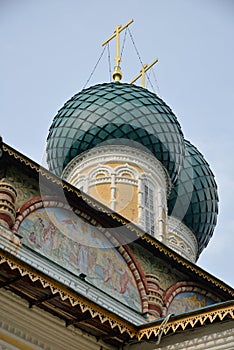 Domes of Resurrection Cathedral of 17th century on right bank of Volga river in summer in Tutayev, Yaroslavl region, Russia