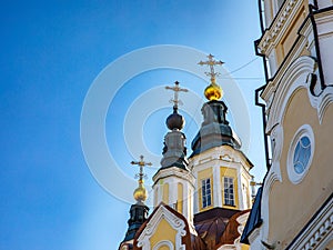 Domes of Resurrection church in Tomsk, Russia. built in rare Siberian baroque style