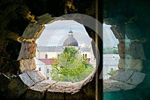 The domes and roof of the Jesuit church from the castle tower in Lutsk in Ukraine