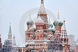 Domes of St. Basilâ€™s Cathedral Under Heavy Snowfall