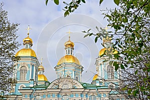 Domes of the St. Nicholas naval Cathedral in the spring in Saint