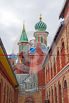 The domes of temple of all religions. The village of Old Arakchino. Kazan, Tatarstan.