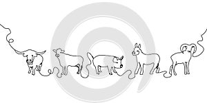 Domestic animals one line set. Continuous line drawing of cow, pig, bull, sheep, donkey.