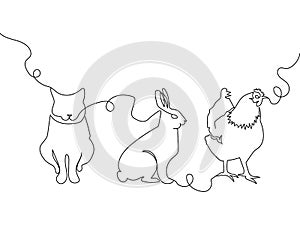 Domestic animals one line set. Continuous line drawing of cat, rabbit, hare, chicken.