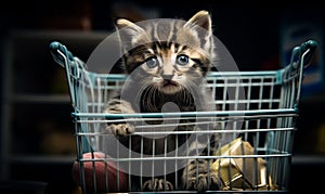 Domestic baby cat in mini shopping busket. Small kitty sitting in the cart. generative ai