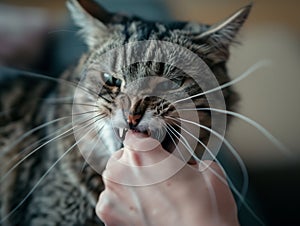A domestic cat biting a human hand photo